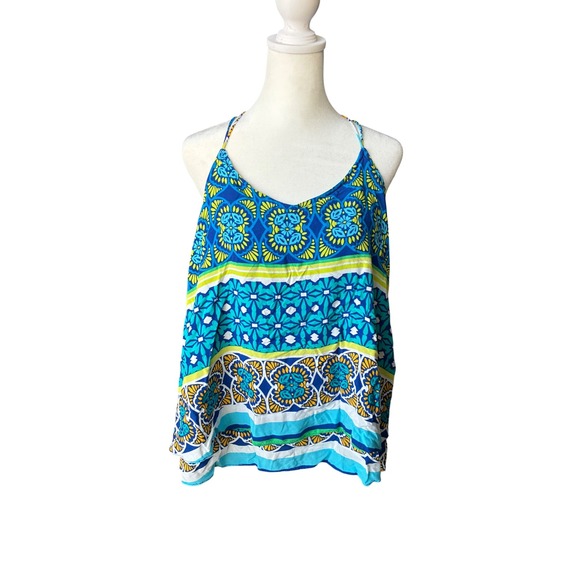 STYLUS Tops - Stylus Womens Large Blue Green Geometric Medallion Crossback Cami Tank Top